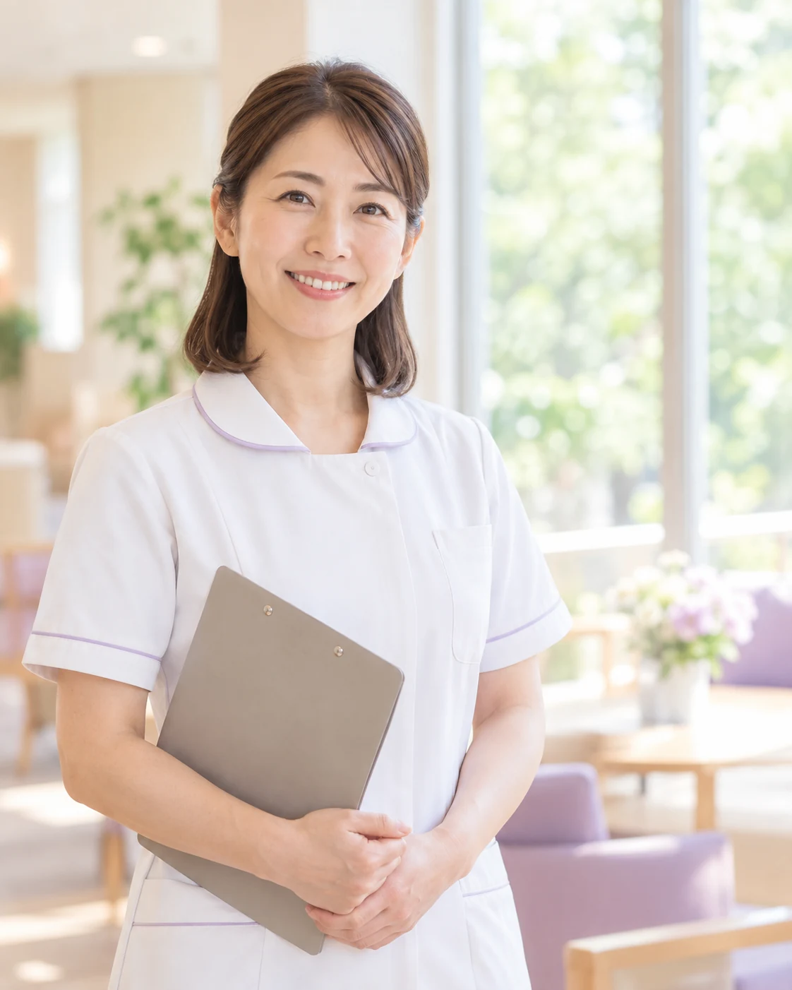 明るい施設のラウンジに立つ看護師のイメージ