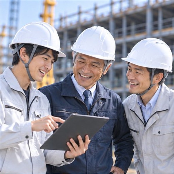 タブレットで確認するヘルメット姿の3人