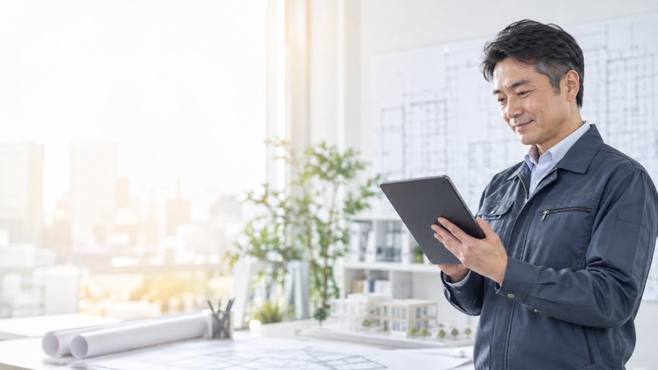 事務所でタブレットを確認する施工管理のイメージ写真