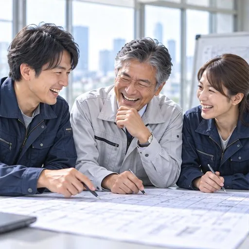 机を囲み、図面を広げて相談する3人のイメージ写真
